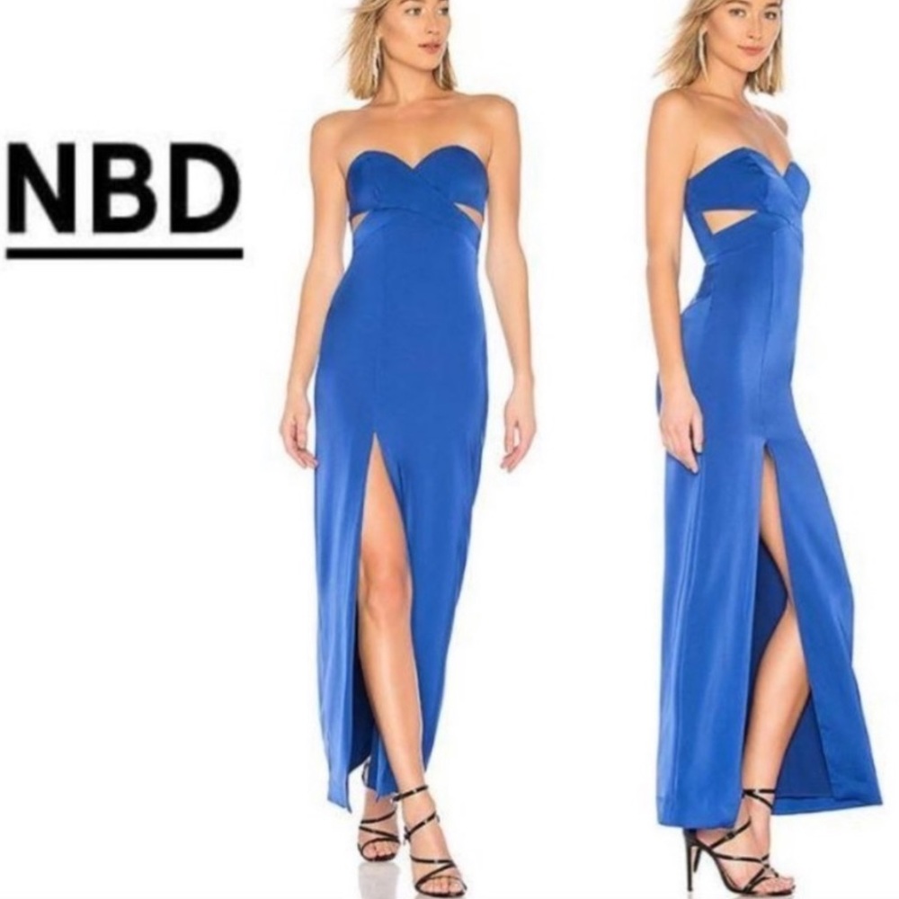 NWT NBD cobalt strapless slit gown